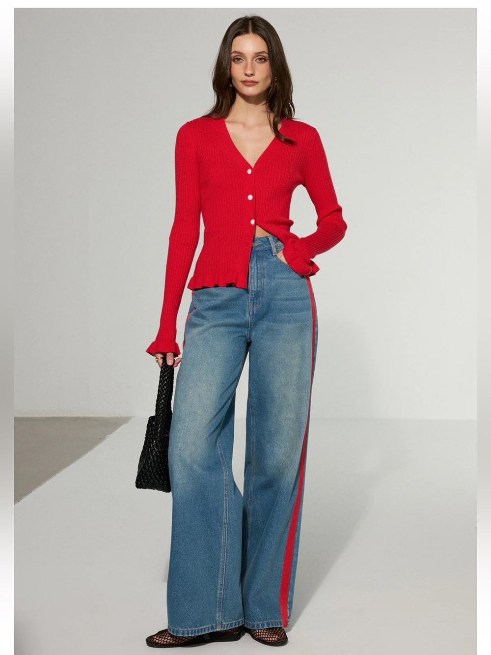Commense Blue Denim Wide-Leg Jeans with Red Side Stripe